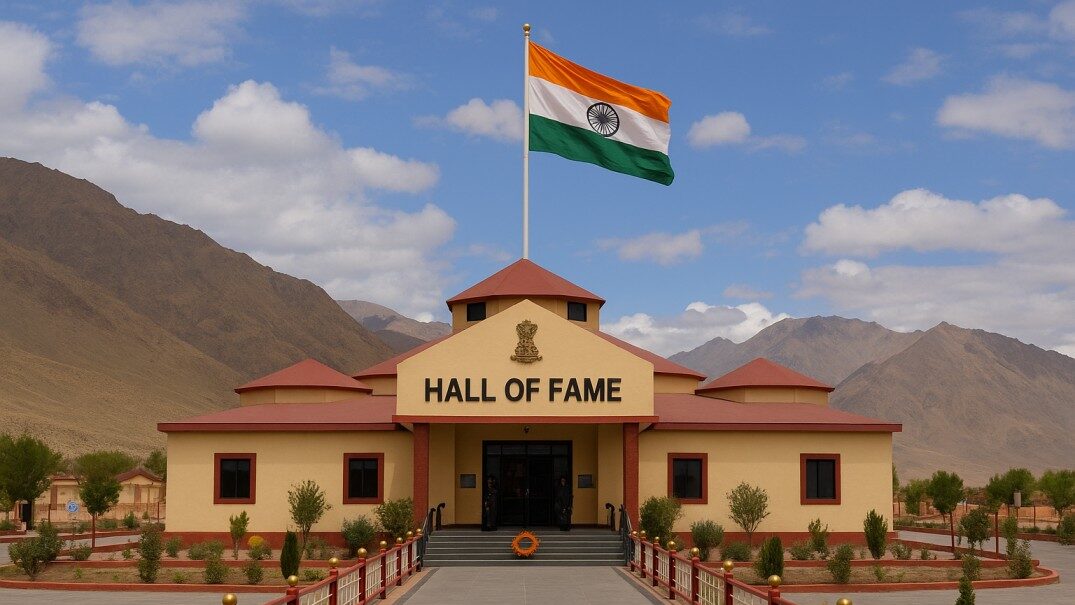 Entrance of the Hall of Fame museum in Leh, showcasing military artifacts and memorials set against the rugged Himalayan mountains under a bright sky.