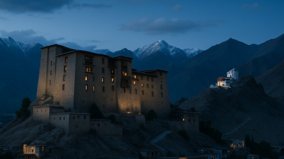 Leh Palace illuminated at night with soft golden lights under a starlit sky in Ladakh