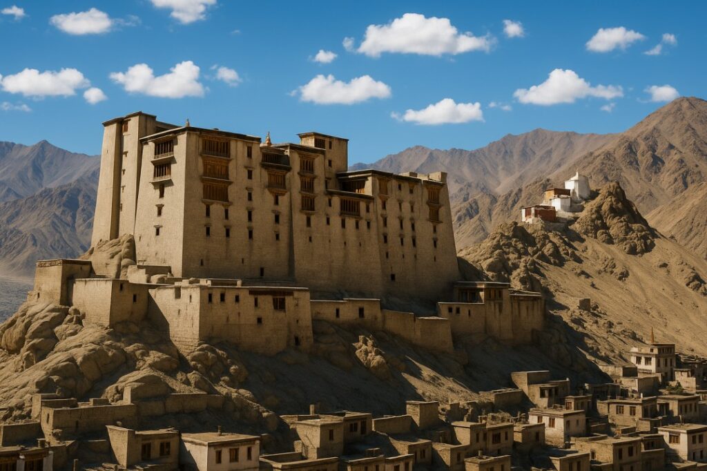Leh Palace under bright blue sky during daytime, showcasing its majestic structure against the barren mountains of Ladakh