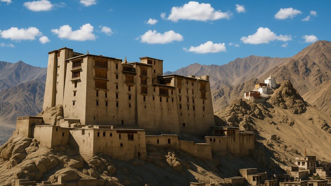 Leh Palace under bright blue sky during daytime, showcasing its majestic structure against the barren mountains of Ladakh