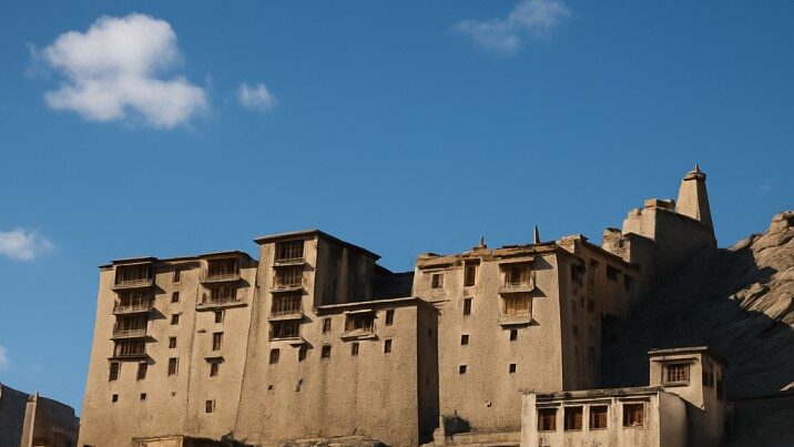 Leh Palace glowing under golden sunset light with rugged mountains in the backdrop