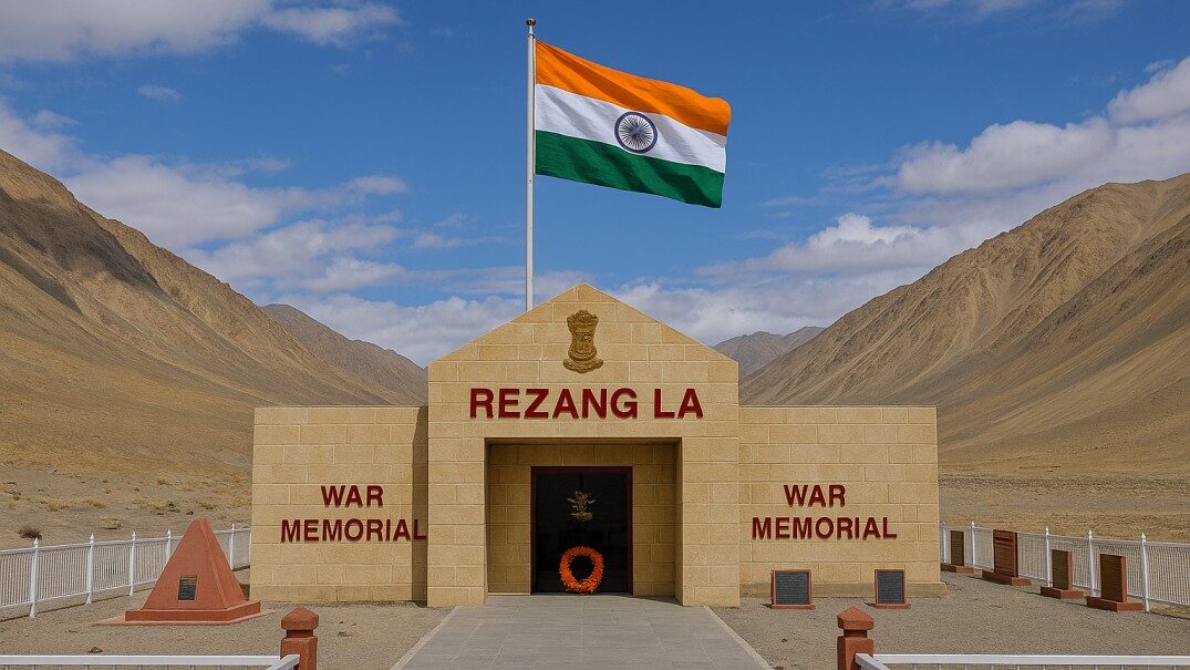 Rezang La War Memorial with rows of white gravestones on a grassy plateau, surrounded by majestic Himalayan mountains under a clear blue sky, honoring the brave soldiers of the 1962 Sino-Indian War.